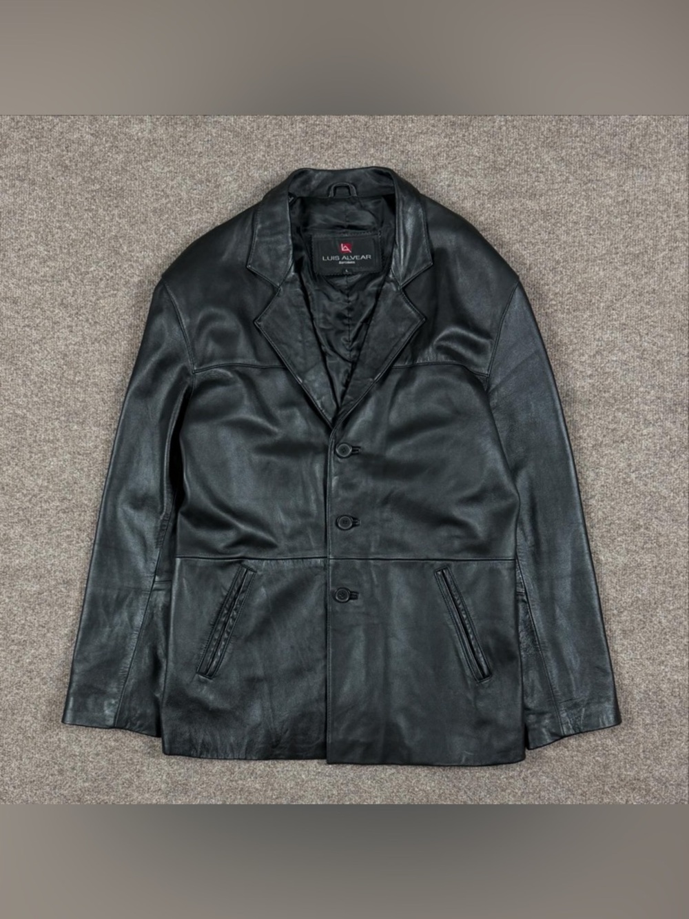 Vintage Black Genuine Leather Blazer Jacket Men’s Large Button Front Lightweight